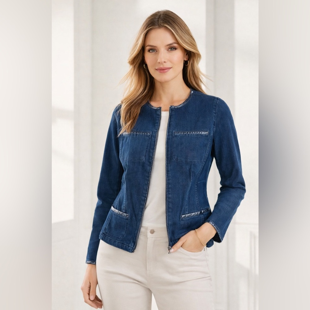 Ralph Lauren LRL Full Zip Denim Jacket Sz 4 Dark Wash Blue Leather Trim NWOT